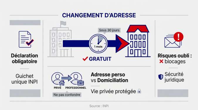 Infographie résumant les étapes pour changer l'adresse d'une micro-entreprise sur le Guichet unique