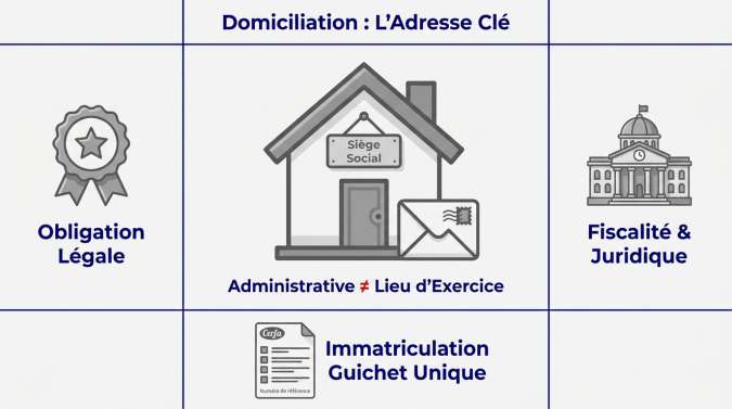 Infographie expliquant les options de domiciliation administrative pour une micro-entreprise