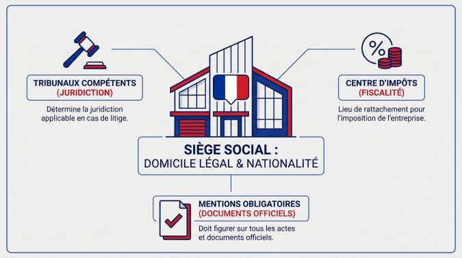 Infographie expliquant la définition et les fonctions juridiques du siège social d'une entreprise