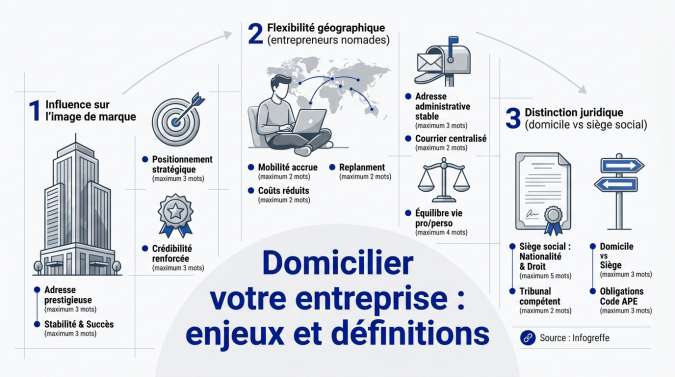 Infographie expliquant les étapes et les options pour domicilier son entreprise dans une autre ville